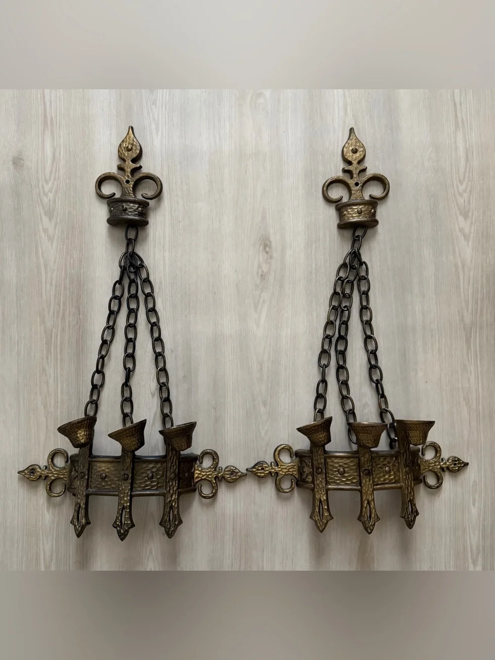 Vtg 1967 Sexton Cast Iron Gothic Castle Dungeon Wall Sconce w/Chains Pair Candle